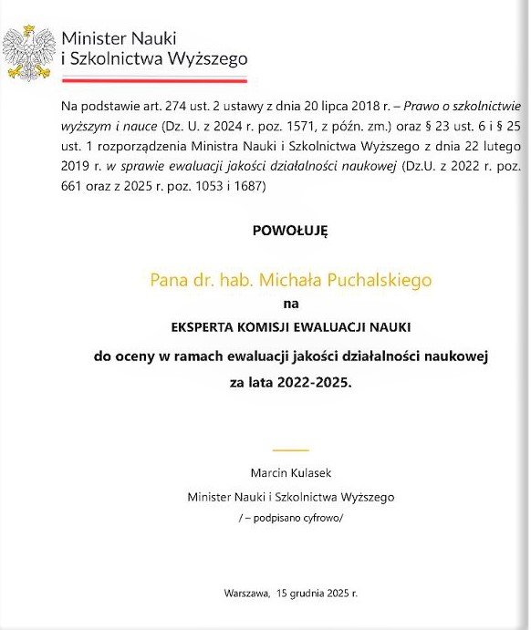 Powołanie na eksperta Komisji Ewaluacji Nauki w ewaluacji za lata 2022-2025