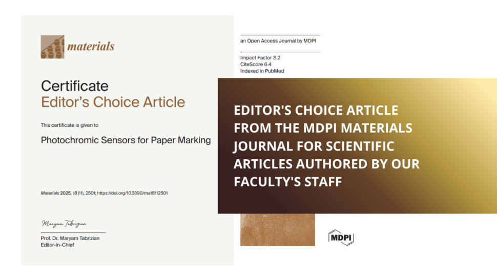 MDPI Materials journal awards the "Editor's Choice Article" certificate for a scientific article authored by our staff